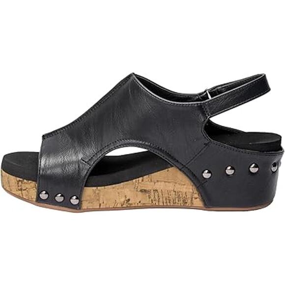 Party Womens Size 7 Black Faux Leather Hook Loop Strap 2" Cork Platform Sandals - Picture 1 of 7